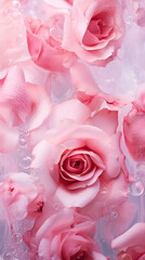 Pink background of frozen roses in ice, concept of cryotherapy for skin care. Elegant pink flowers in ice. Delicate petals texture. Frosty beautiful natural winter or spring background.
