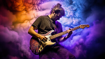 Obraz premium A guitar player making rock during concert. Rock band performs on stage. Guitarist plays solo.