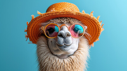 Lama in cool glasses and hat on a blue background