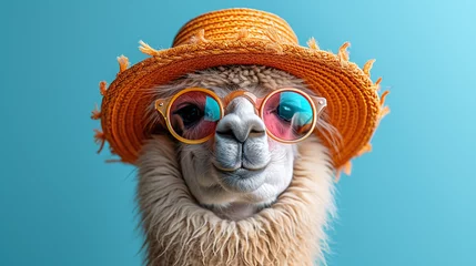 Garden poster Lama Lama in cool glasses and hat on a blue background