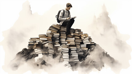 Knowledge Is The Path To Success. The man on top of a mountain of books. Conceptual web illustration for power of knowledge.