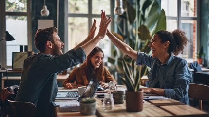 Colleagues are giving each other a high five in an office setting, with big smiles on their faces, indicating a celebration or success.