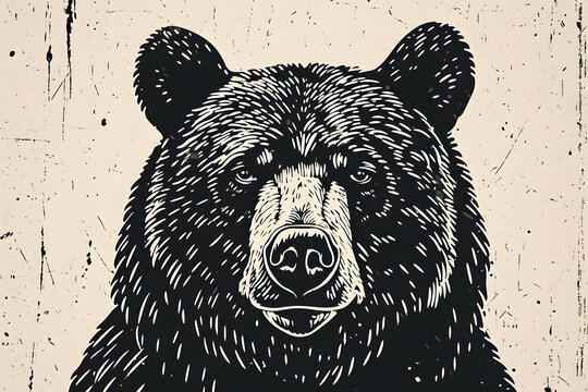 Hand drawn bear in a minimal linocut style. Black and white graphic illustration isolated on white background