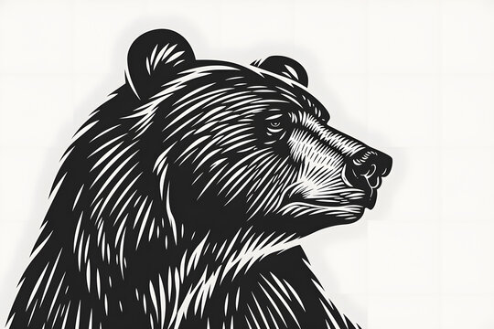 Fototapeta Hand drawn bear in a minimal linocut style. Black and white graphic illustration isolated on white background