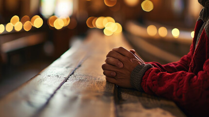 Elderly person's hands clasped together in a gesture of prayer - obrazy, fototapety, plakaty