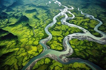 Aerial View of Meandering Rivers Cutting Through Lush Landscape