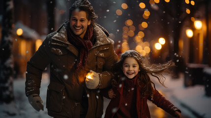 Fototapeta premium Happy young family having fun and enjoying in beautiful winter night at frozen skating park.