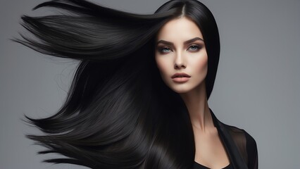 Beautiful fashion model girl with black voluminous long straight hair for commercial shampoo ad concept from Generative AI