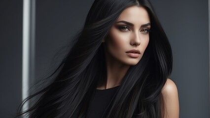 Beautiful fashion model girl with black voluminous long straight hair for commercial shampoo ad concept from Generative AI