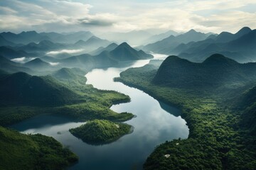 Serene Mountain Landscape with Misty River and Lush Forest