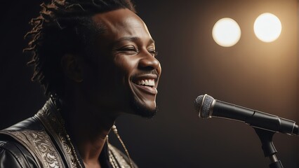 Portrait of a smiling a male black african singer performer on stage background from Generative AI