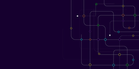 Digital technology blue background. Circuit connects lines and dots. Network technology and Connection concept. Decentralized network nodes connections