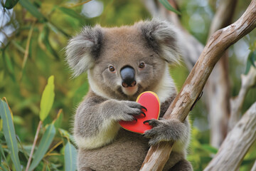 Koala with a heart on a blurred background. valentine's day. Congratulations.