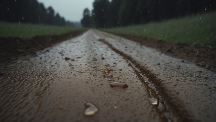 Close up of a rough dirt road with rain drops from Generative AI