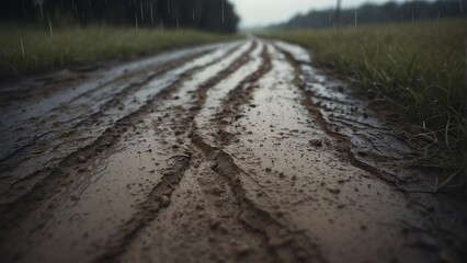 Close up of a muddy rough dirt road with rain drops from Generative AI - obrazy, fototapety, plakaty