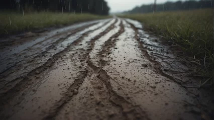 Foto op Canvas Close up of a muddy rough dirt road with rain drops from Generative AI © sevenSkies