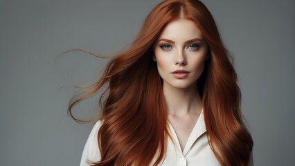Beautiful fashion red head model girl with voluminous long straight hair for commercial shampoo ad concept from Generative AI