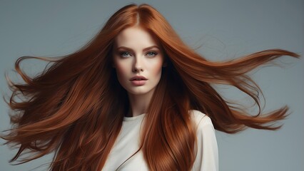 Beautiful fashion red head model girl with voluminous long straight hair for commercial shampoo ad concept from Generative AI