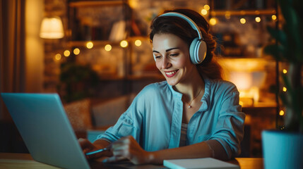 Focused woman wearing headphones. She is engaged in studying or working on a laptop while taking notes