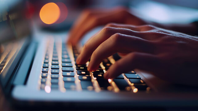Close-up of a person's hands typing on a laptop keyboard