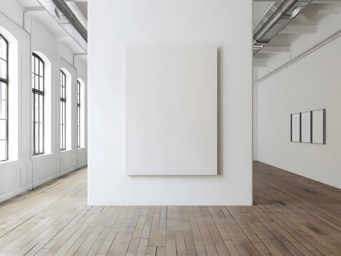 Interior of modern gallery with empty poster on wall. Mock up, 3D Rendering