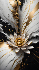 Abstract background is a white and gold lotus on a black background.