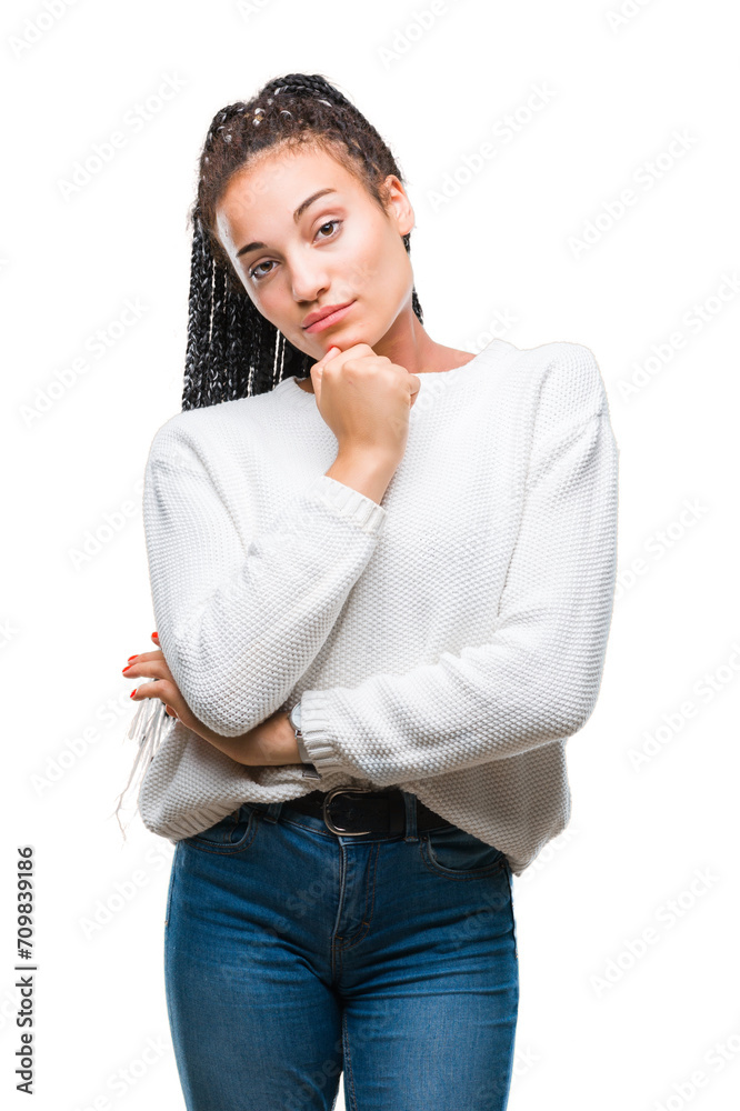 Poster Young braided hair african american girl wearing winter sweater over isolated background looking confident at the camera with smile with crossed arms and hand raised on chin. Thinking positive.