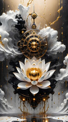 Abstract background is a white and gold lotus on a black background.