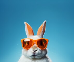 Funny rabbit wearing orange sunglasses on blue background. Easter concept. copy space