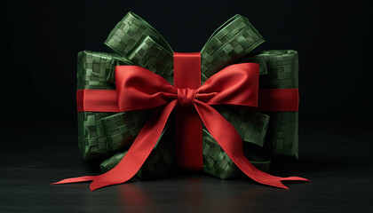 Present the green watermelon as a gift on a dark surface with a vibrant red bow tied around it, creating the illusion of a special, unexpected surprise