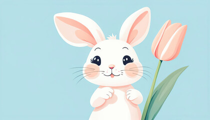 Cute easter bunny with tulip and copy space