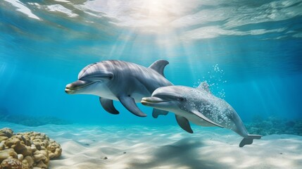 Graceful Dolphins Swimming Together Under the Sea Surface with Sunlight Filtering Through