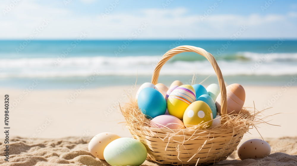 Wall mural multicolored easter eggs in wicker basket at the sea beach