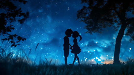 Couple Romance Night Blue light Big moon Valentines day background 