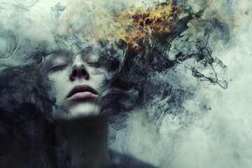 Surreal portrait of woman with smoke cloud head, concept of depression and mental health