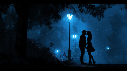 Couple Romance Night Blue light Big moon Valentines day background 