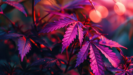Neon pink marijuana leaves close up shiny leaves of flowering cannabis bushes - obrazy, fototapety, plakaty