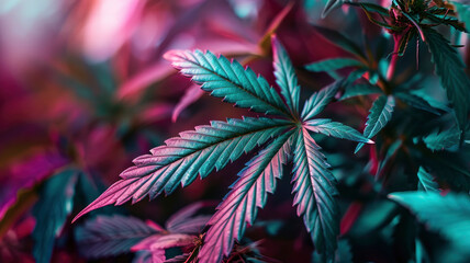 Neon marijuana leaves close up shiny leaves of flowering cannabis bushes - obrazy, fototapety, plakaty