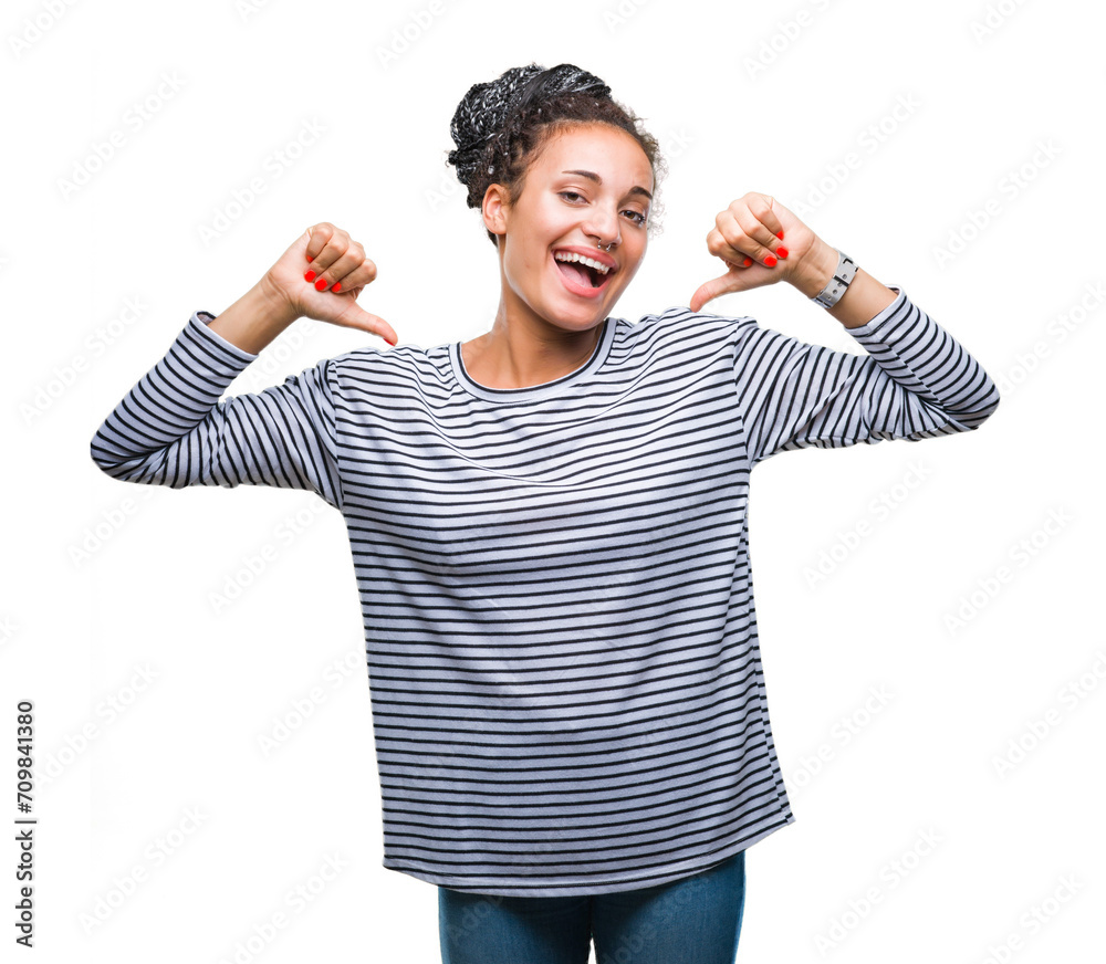 Sticker Young braided hair african american girl wearing sweater over isolated background looking confident with smile on face, pointing oneself with fingers proud and happy.