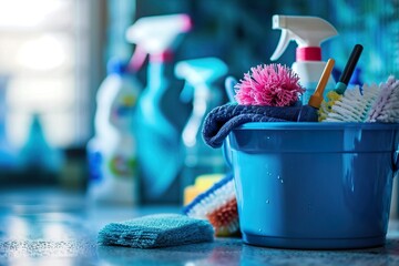 Close-up of Cleaning Products in a Blue Bucket - obrazy, fototapety, plakaty
