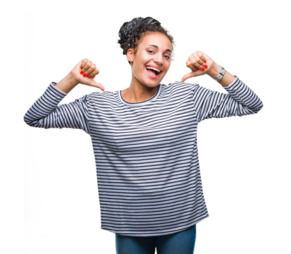Young braided hair african american girl wearing sweater over isolated background looking confident with smile on face, pointing oneself with fingers proud and happy.