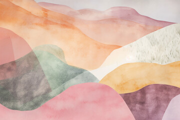 Ilustração abstrata ondas e dunas nas cores rosa, verde, bege, laranja e branco - arte em aquarela 