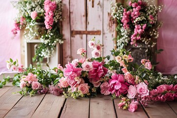 Fototapeta na wymiar spring set up with colourful flowers pink , vintage wood parquet.