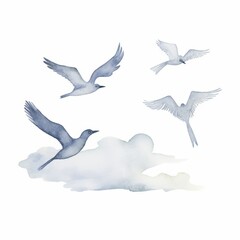 Aquarell von einem Vogelschwarm der gegen den Himmel fliegt Illustration