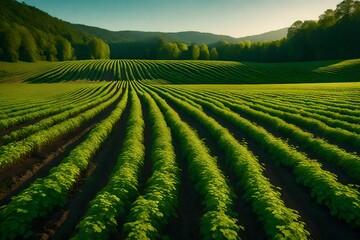A panoramic view of a lush landscape, featuring colorful fields and meticulously aligned rows of currant bush seedlings. The vibrant hues and perfect lighting create