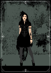 Vektor Silhouette mit Vintage Hintergrund  - Junge sexy Frau im Gothic Look mit dunkler Kleidung und High Heels