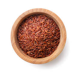 Fototapeta na wymiar Red rice in a wooden plate close-up on a white. Top view