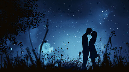 Obraz na płótnie Canvas Couple Romance Night Blue light Big moon Valentines day background 