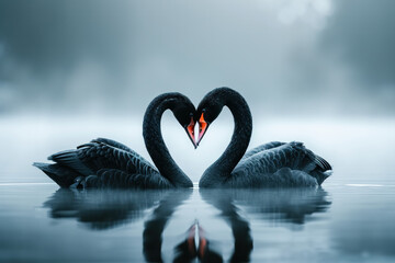 Beautiful two swans on the lake, black swans, Love concept, Romantic 
