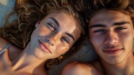 selfie portrait of a young heterosexual couple, laying on the sandy beach together sunbathing,